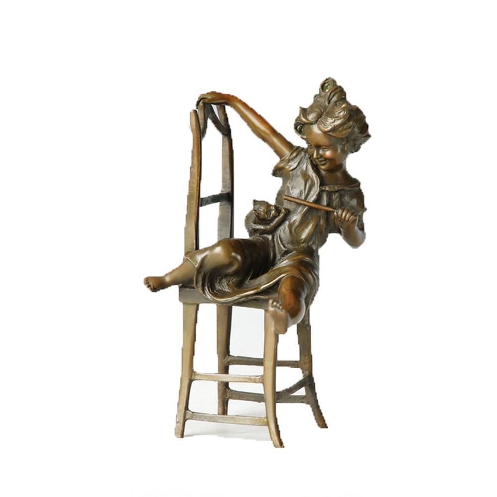 Home Decor Metal Sculpture Girl Play Cat Bronze Statue