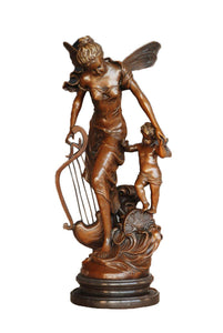 Toperkin Music Art Harp Mother-Son Fairy Hand-Made Brass Sculpture Statue TPE-882