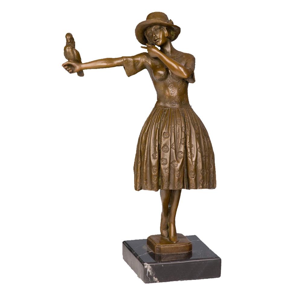 This is a bronze sculpture of a woman with a bird. The woman wears a hat and a dress decorated with patterns, striking a flexible and stretched pose: one hand stretches out to hold a parrot, while the other gently touches her cheek. The parrot is realistically shaped, and the patterns and fold textures of the clothing are delicately depicted. The overall craftsmanship is exquisite, vividly conveying the soft vitality of human-nature interaction, and it has high decorative ornamental value.