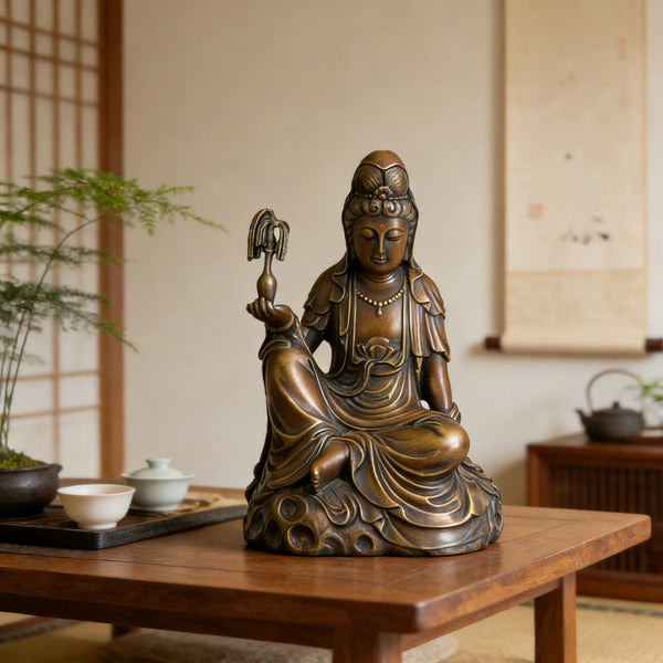 Sitting Copper Guanyin Buddha Statue-Chinese Bronze Home Blessing Decor|TPFX-034