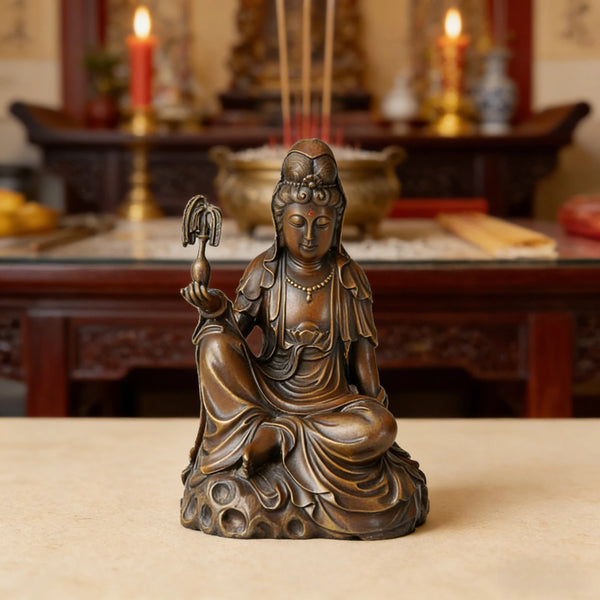 Sitting Copper Guanyin Buddha Statue-Chinese Bronze Home Blessing Decor|TPFX-034