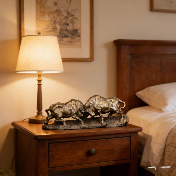 Decorative sculpture of three bulls on a wooden nightstand next to a lamp in a bedroom.
