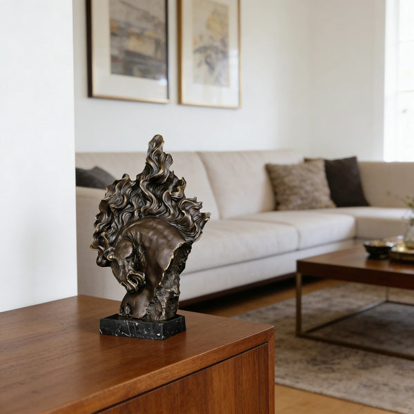 Flame Mane Horse Head Sculpture-Modern Dynamic Brass Bust Art Piece