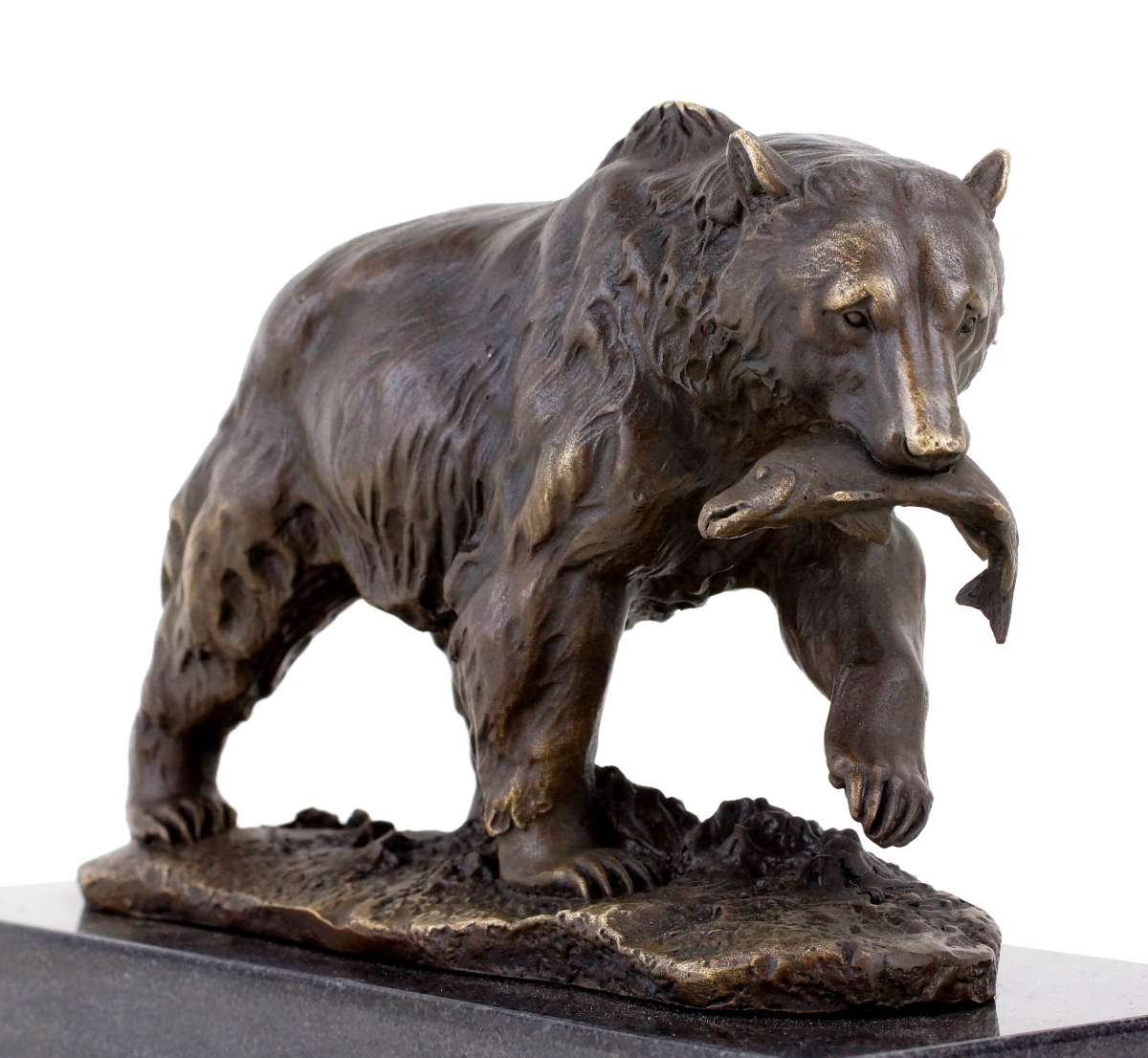 Bronze bear hunting fish sculpture capturing nature's raw moment. Handcrafted details show powerful muscles & splashing water. A striking wildlife art piece for office or study decor.