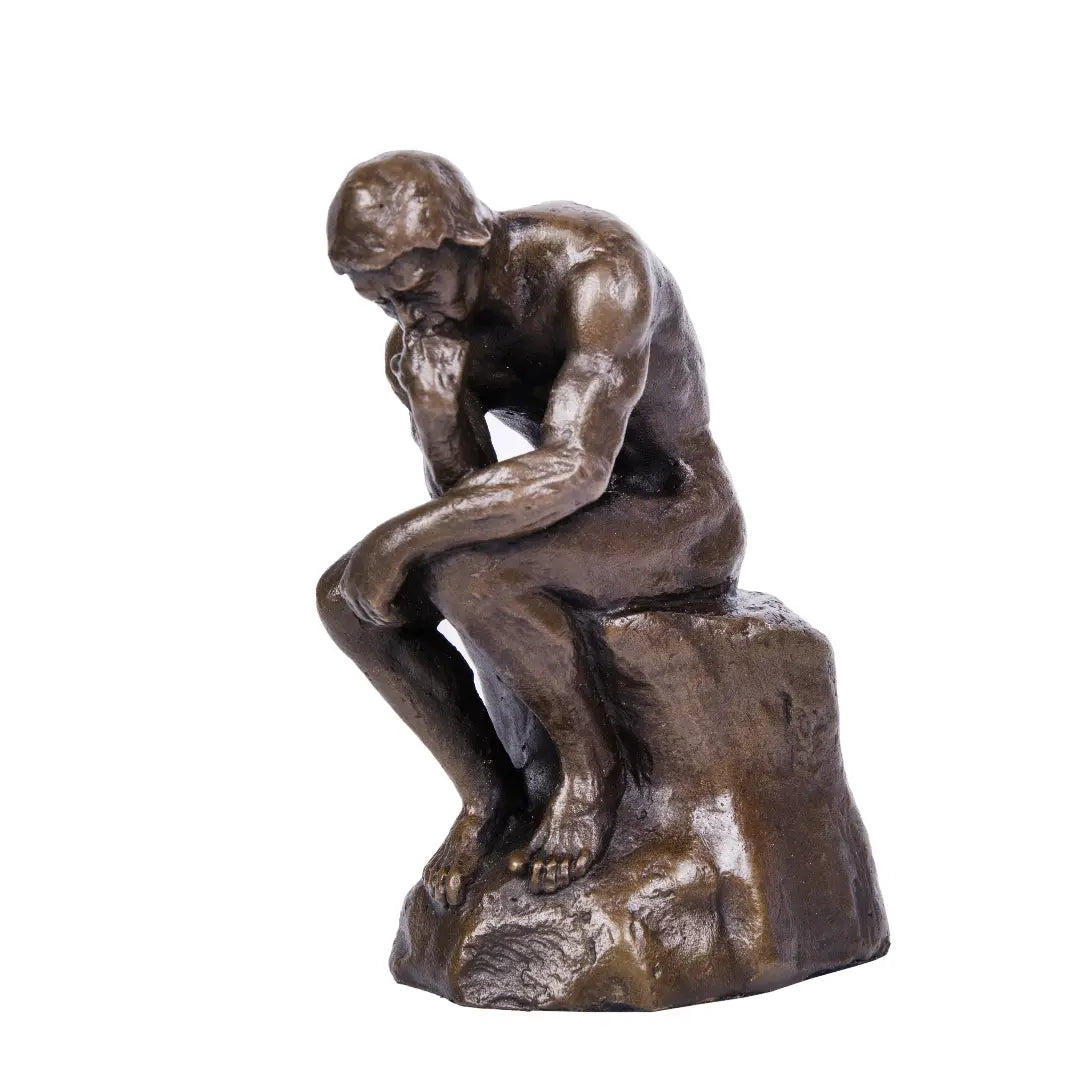 This is a bronze sculpture, depicting a muscular man sitting on a rough stone block with bent knees: he hunches over, resting his chin on his right hand and placing his left hand on his left knee. His whole body tenses with muscles and curls up in posture, showing both a state of deep contemplation and strong inner power. 
