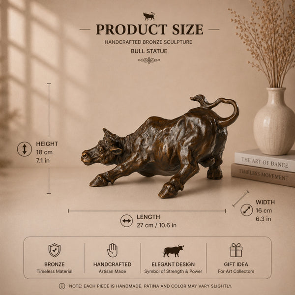 Powerful Wall Street Charging Bull bronze sculpture crafted using the lost-wax casting method. A timeless symbol of strength, resilience, prosperity, and bull market energy.