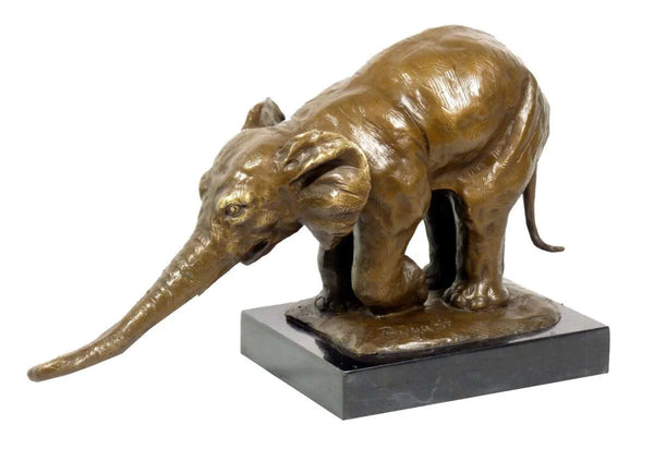 This is a bronze sculpture of a baby elephant. The baby elephant is in a leaning posture, with delicate and realistic skin texture, lively and expressive eyes, and vividly shaped large ears. The sculpture is mounted on a black marble base, which contrasts with the bronze baby elephant in texture, adding a sense of stability. The overall craftsmanship is exquisite, vividly presenting the baby elephant’s cute demeanor and delicate texture, and it has high artistic appreciation.