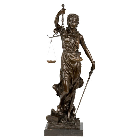 This bronze Justice (Justitia) statue: blindfolded, holding scales & a scepter, with a book and snake underfoot. On a black stone base, it’s a decor symbolizing judicial fairness.