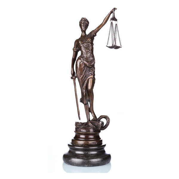 This is a bronze sculpture of Lady Justice (Justitia): She wears a classical robe with delicate folds, her eyes are blindfolded (symbolizing impartiality in justice), her right hand holds aloft a balanced scale (representing the weighing of right and wrong, fair judgment), her left hand grips a sword (signifying the authoritative punishment of the law), and she stands on a base decorated with a snake motif. 