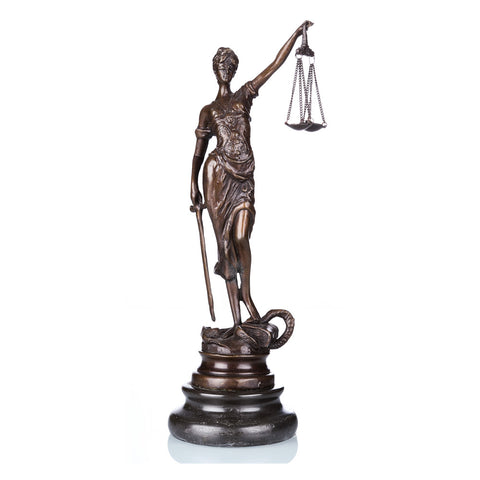 This is a bronze sculpture of Lady Justice (Justitia): She wears a classical robe with delicate folds, her eyes are blindfolded (symbolizing impartiality in justice), her right hand holds aloft a balanced scale (representing the weighing of right and wrong, fair judgment), her left hand grips a sword (signifying the authoritative punishment of the law), and she stands on a base decorated with a snake motif. 