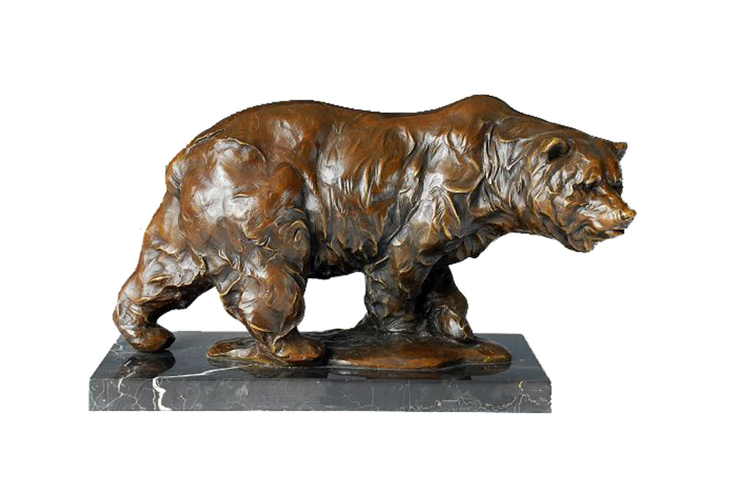 This is a bronze sculpture of a bear. It depicts a bear in a walking posture, with a robust body and full muscle lines. The fur texture is delicately rendered through the bronze material, and the bear has a somewhat majestic expression, as if moving forward calmly, brimming with a sense of power and vitality.