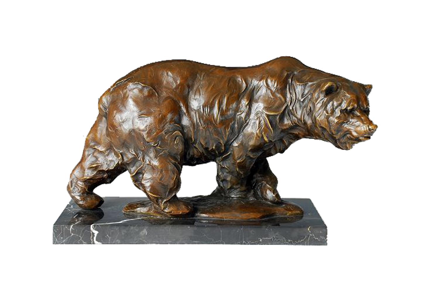 This is a bronze sculpture of a bear. It depicts a bear in a walking posture, with a robust body and full muscle lines. The fur texture is delicately rendered through the bronze material, and the bear has a somewhat majestic expression, as if moving forward calmly, brimming with a sense of power and vitality.
