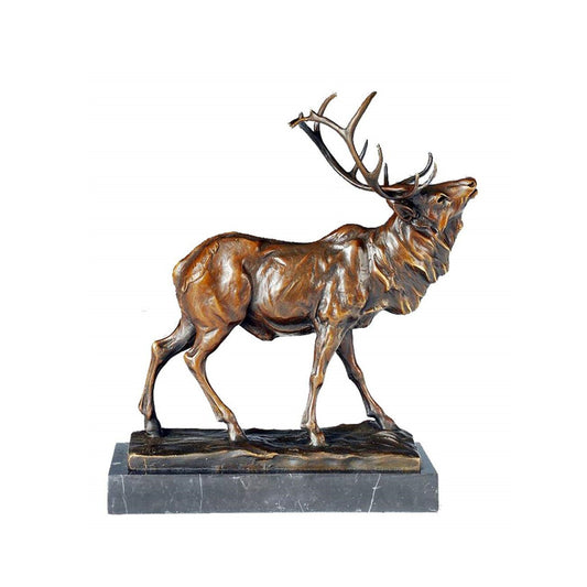 This is a bronze sculpture of a stag. The stag is in a standing posture, with complex and clear-textured antlers. Its muscle lines and fur texture are depicted delicately, and it has an upright and powerful demeanor. The sculpture is mounted on a dark marble base, which contrasts with the bronze stag in texture and adds an elegant and solemn atmosphere. The overall craftsmanship is exquisite, vividly presenting the stag’s robustness and agility, and it has high artistic appreciation.