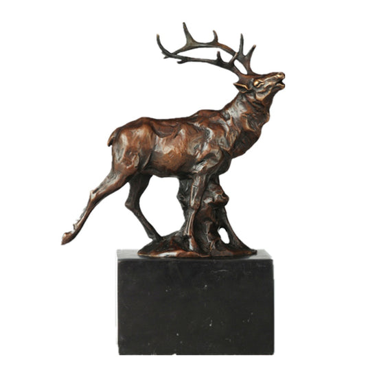 This is a bronze sculpture of a deer. The deer is in a head-raised posture, with complex and powerful branched antlers, smooth muscle lines, and a spirited and dynamic demeanor. The sculpture is mounted on a black marble base with a regular shape, which contrasts with the bronze deer in texture, providing stable support while adding an elegant and solemn atmosphere. 