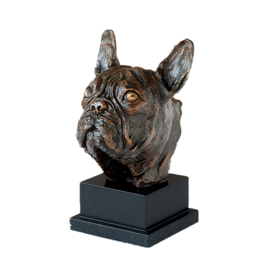 This is a bronze sculpture of a French Bulldog's head. The sculpture meticulously depicts the facial features of the French Bulldog, with realistic wrinkle textures and vivid details of the eyes and ears. The base is made of black marble, with a regular shape, creating a textural contrast with the bronze sculpture and adding an elegant and solemn atmosphere. The overall craftsmanship is exquisite, vividly presenting the demeanor and texture of the French Bulldog, and it has high artistic appreciation.
