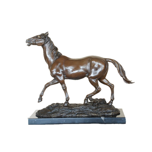 This is a bronze sculpture of a galloping horse. The horse is in a running posture, with full and smooth muscle lines, and delicate and realistic textures of the mane and tail. Its mouth is slightly open, exuding a vigorous and high-spirited demeanor. The overall craftsmanship is exquisite, vividly showing the agility and valiant temperament of the steed, and it has high artistic appreciation value.
