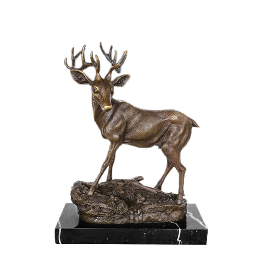 This is a bronze sculpture of a male deer. The deer is in a standing posture, with its antlers stretching gracefully and exquisitely textured. The texture of fur and muscles is depicted delicately and realistically, and its demeanor is agile and alert. The overall craftsmanship is exquisite, vividly showing the vigor and natural charm of the male deer, and it has high artistic appreciation value.