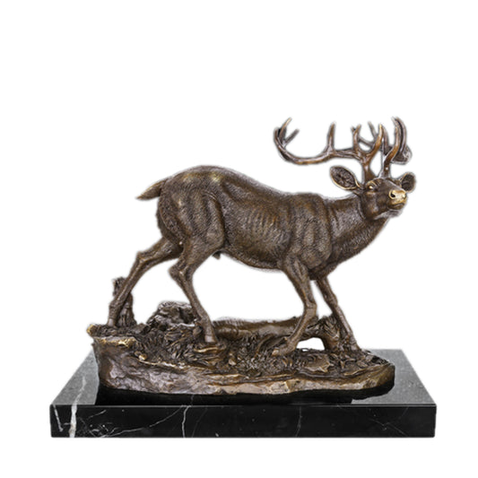 This is a bronze sculpture of a male deer. The deer is in a walking posture, with its antlers stretching gracefully and exquisitely textured. The texture of muscles and fur is depicted delicately and realistically, and its demeanor is agile and natural. The overall craftsmanship is exquisite, vividly showing the vigorous temperament of the male deer, and it has high artistic appreciation value.