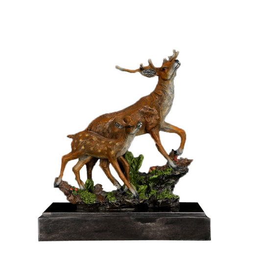 This is a mother-and-baby deer sculpture made of painted material, presenting a vivid interactive scene between an adult deer and a fawn: the adult deer raises its head and hoof, with a flexible and stretched posture; the fawn follows closely, with delicate and realistic spot textures. The overall style is realistic and vibrant, conveying a warm parent-child interaction, and it has high decorative ornamental value.