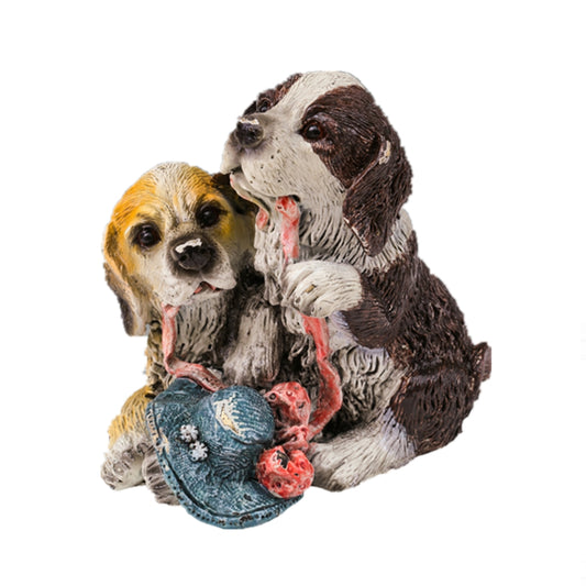This is a set of bronze dog sculptures, depicting an interactive scene of two cute puppies. One is yellow-white, and the other is brown-white. Their fur textures are delicate and realistic. They play around an item with a red string, and there is also a blue decorative hat nearby, looking lively and playful. The overall style is cute and warm, with vivid details, conveying a cheerful atmosphere, and it has strong ornamental and fun value.