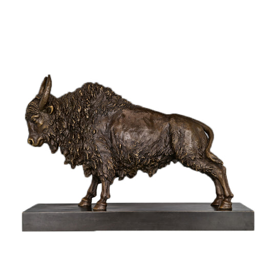 This is a bronze sculpture of an American bison. The bison is in a standing posture, with delicate and realistic depictions of fur texture, thick and layered in texture, exuding a calm and powerful demeanor. The sculpture is mounted on a dark rectangular base, which contrasts with the bronze bison in texture and adds a solemn atmosphere. The overall craftsmanship is exquisite, vividly presenting the majesty and wildness of the American bison, and it has high artistic appreciation.