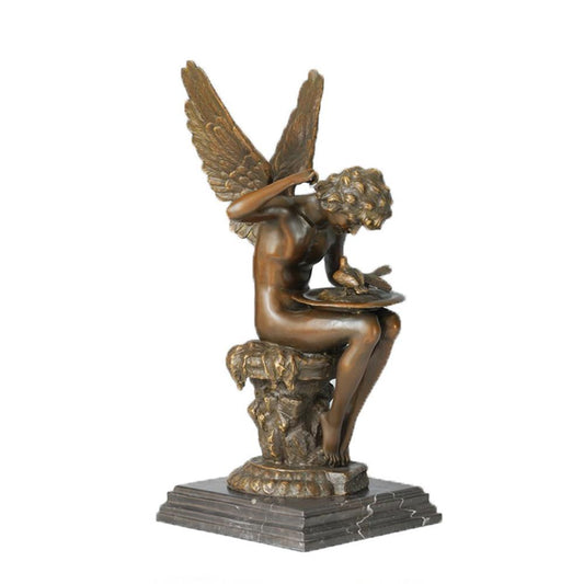 This is a European-style copper sculpture ornament themed around Cupid, whose prototype is the ancient Greek god of love (symbolizing love and beauty). The design shows Cupid interacting with a dove, with details like wings and curly hair restoring classical art features. t is suitable for European-style decoration in living rooms and foyers, and can also be used as a love-themed gift or a collection item for classical art enthusiasts.