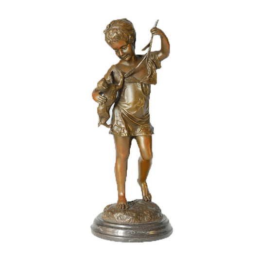 Metal Art Statue Cute Kid And Pet Cat ArtDeco Bronze Sculpture TPE-352