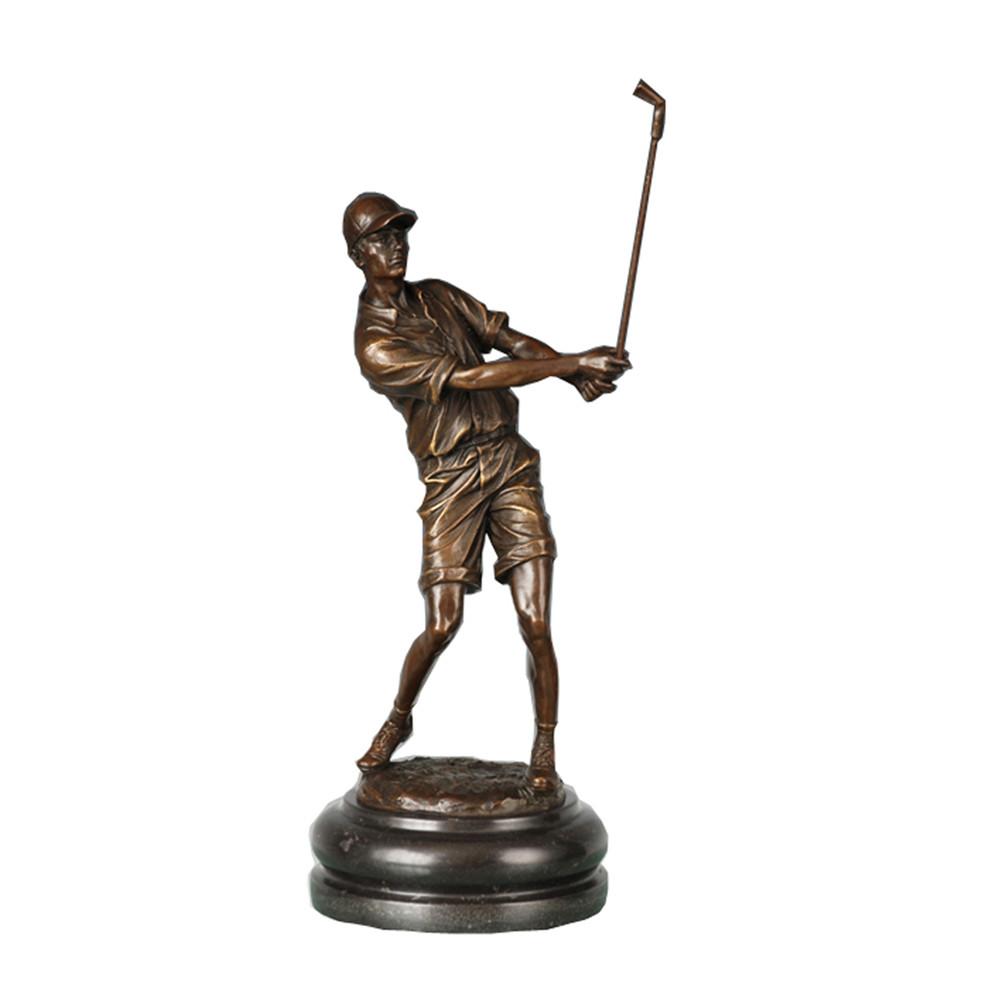 This is a bronze golfer sculpture, with the bronze showing a dark brown metallic texture and paired with a heavy circular stone pedestal; the golfer in the sculpture strikes a dynamic swing pose, with realistic details of gear like the golf cap and short-sleeved golf attire, and body lines that fit the motion of sports exertion, conveying the elegance and dynamism of golf overall. It is a decorative ornament themed around leisure sports, suitable for display in homes or sports-related spaces.