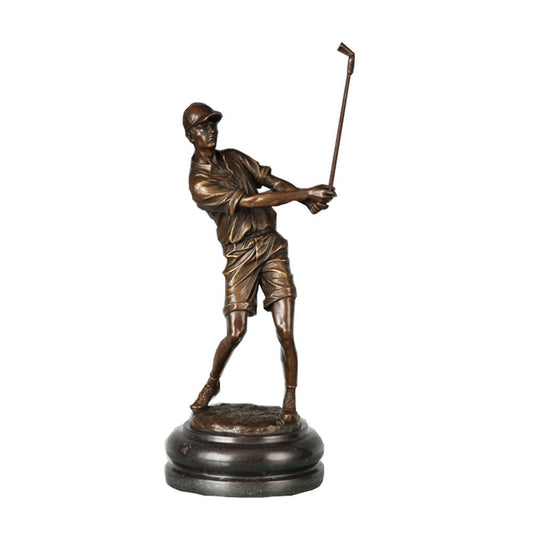 This is a bronze golfer sculpture, with the bronze showing a dark brown metallic texture and paired with a heavy circular stone pedestal; the golfer in the sculpture strikes a dynamic swing pose, with realistic details of gear like the golf cap and short-sleeved golf attire, and body lines that fit the motion of sports exertion, conveying the elegance and dynamism of golf overall. It is a decorative ornament themed around leisure sports, suitable for display in homes or sports-related spaces.