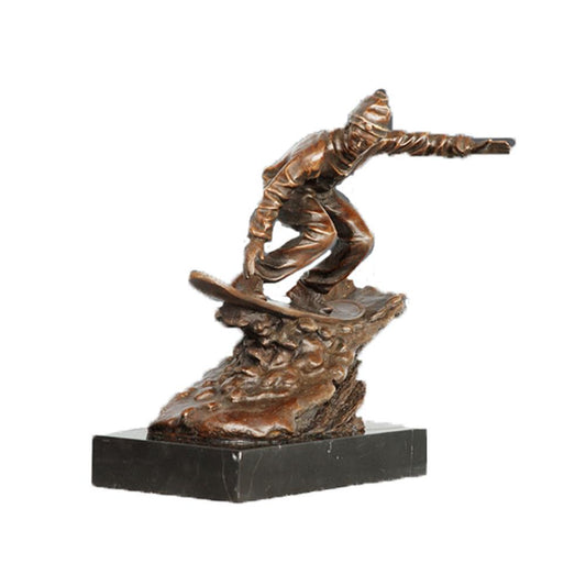 This is a bronze snowboarder sculpture for sale, with the bronze showing a dark brown metallic texture and paired with a heavy black stone pedestal; the snowboarder in the sculpture strikes a dynamic gliding pose, with a tilted body and outstretched arms, and the details of gear like the snow suit and hat are realistic, conveying the dynamism and vitality of winter sports overall. It is a decorative ornament themed around outdoor winter sports, suitable for display in homes or sports-themed spaces.