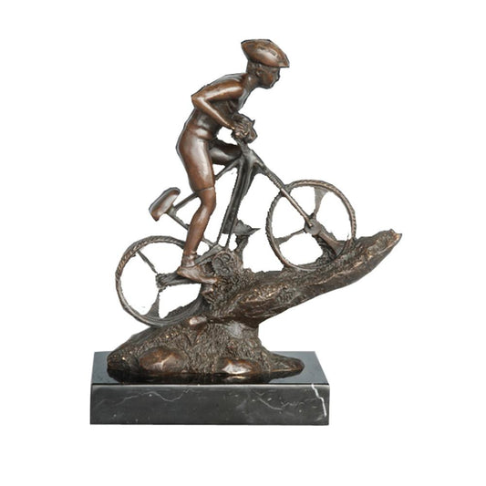 This is a bronze mountain biker sculpture: He leans forward to control the bike, striking a dynamic off-road riding pose, with realistic details of the helmet and bicycle. The bronze has a dark brown texture, paired with a black stone base. It conveys the dynamism and vitality of outdoor cycling, serving as a decorative ornament themed around outdoor sports.