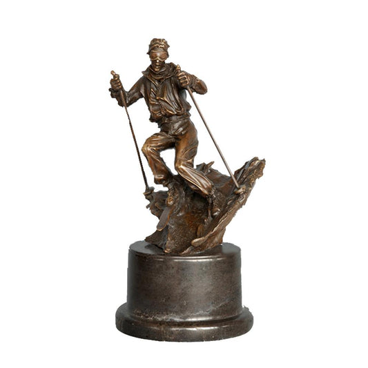 This is a bronze skier sculpture for sale: It strikes a dynamic gliding pose, holding ski poles in both hands, with realistic details of ski clothing and goggles. The bronze has a dark brown texture, paired with a circular stone base. It conveys the dynamism and vitality of skiing, serving as a decorative ornament themed around winter sports.