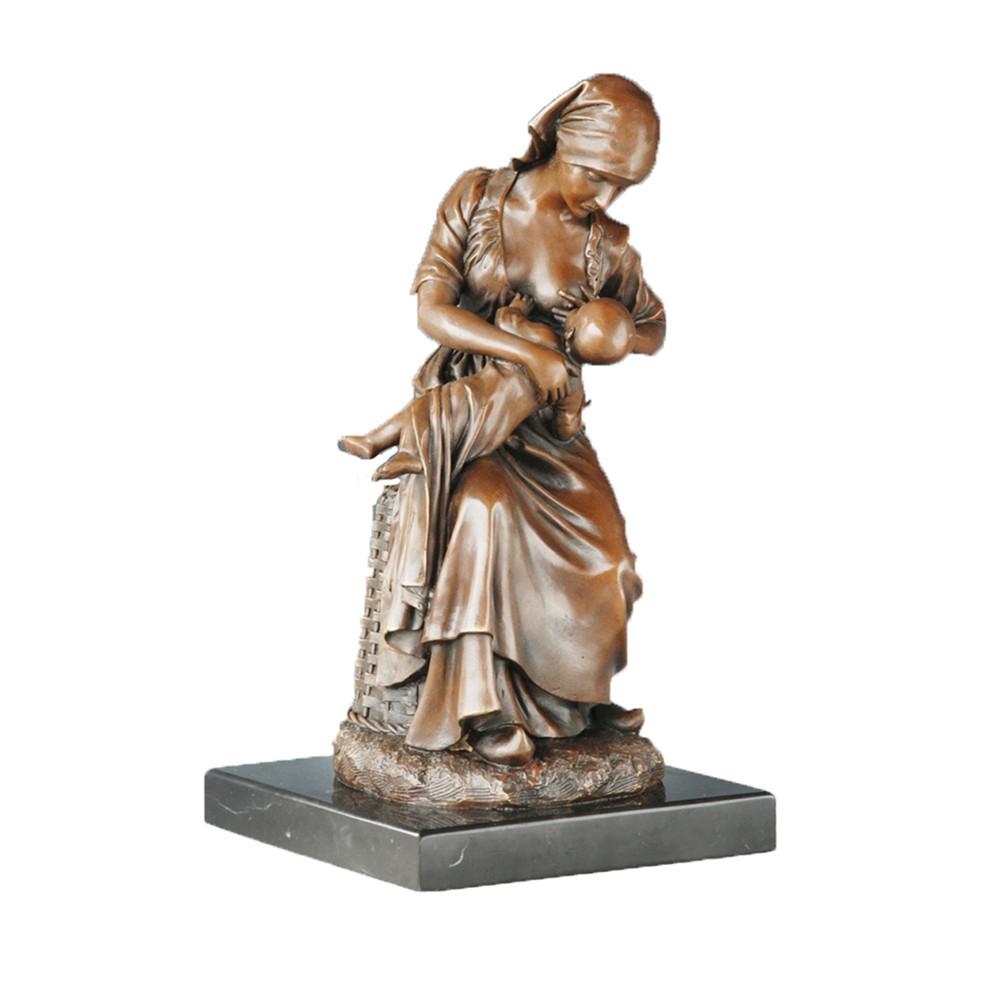 This is a bronze sculpture themed on a mother breastfeeding her child, in a European realistic style: the woman wears a headscarf and a long dress, with delicate and realistic depictions of the fabric's fold textures; she sits holding the baby to breastfeed, exuding a gentle and soft demeanor that fully shows the warmth of maternal love.This work is often used as a decorative ornament that conveys the warmth of family affection, combining artistic beauty and emotional resonance value.