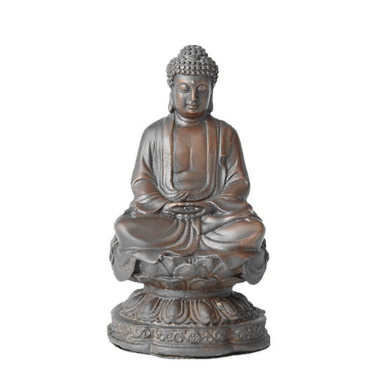 This is a bronze seated Buddha sculpture: The Buddha sits in full lotus position on a lotus pedestal, hands in dhyana mudra, draped in a shoulder-length kasaya with soft, figure-fitting folds. It has neat spiral cranial curls and a serene facial expression; the base is carved with layered lotus petal patterns, and the whole piece has a dark brown metallic texture, exuding solemn meditative aura.