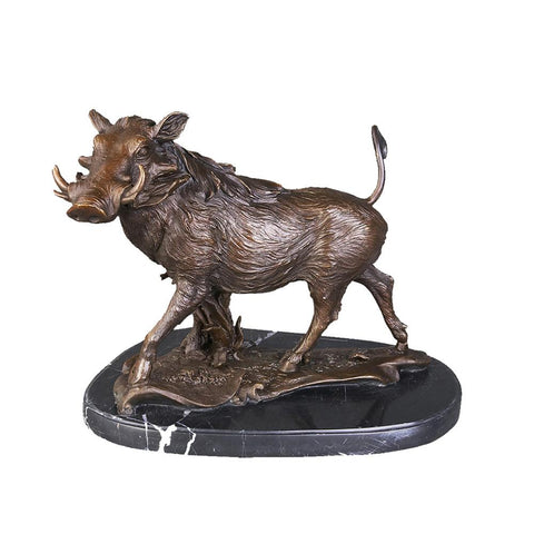 his is a bronze sculpture of a warthog(Wild Boar). The warthog is in a walking posture, with a robust body. Its fur texture is delicately rendered through the bronze material, with prominent tusks and a wild demeanor.