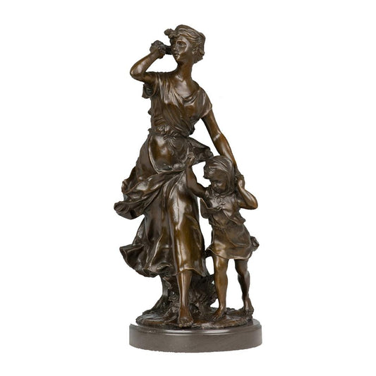 This is a bronze sculpture depicting the interaction between a mother and her daughter. The woman wears a flowing long dress with delicate and realistic fold textures on the skirt. She gently raises one hand and holds the little girl beside her with the other, showing a gentle demeanor; the little girl follows closely, with a cute and intimate posture that fully reveals the warmth between parent and child. The overall craftsmanship is exquisite, vividly conveying the warmth of parent-child interaction.