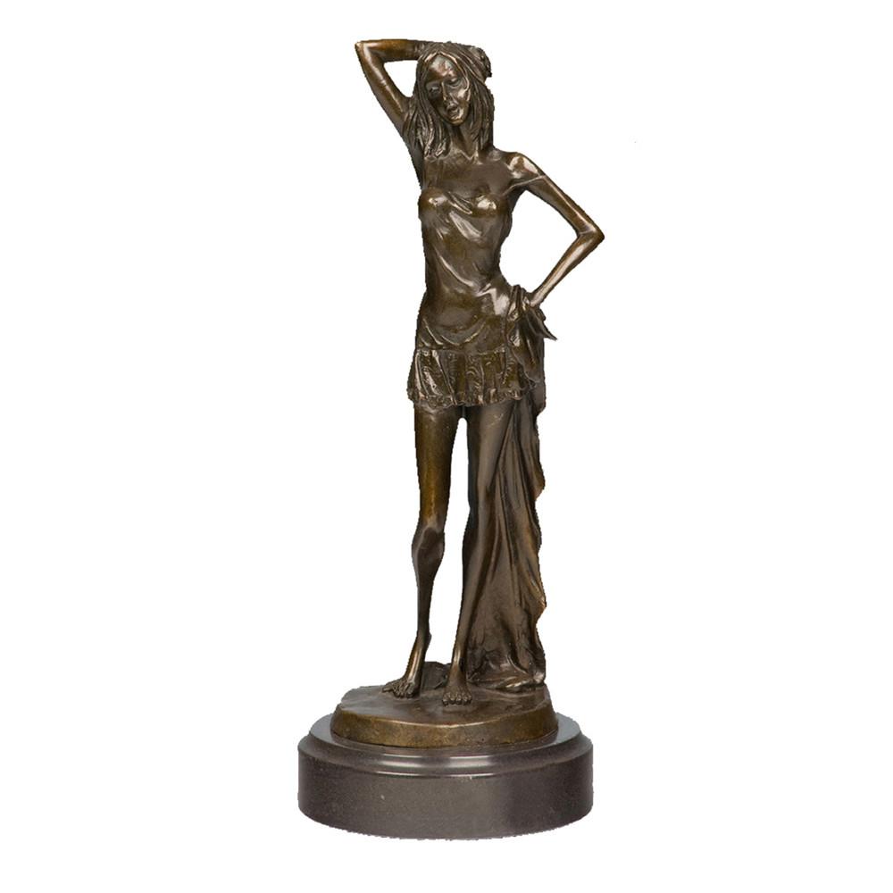 This is a bronze sculpture of a woman. She strikes a flexible and graceful pose: one hand gently tucks her long hair, while the other rests on her hip. Dressed in a short skirt, the textures of the hem and the draping fabric are delicately and realistically depicted, and her demeanor is lazy and elegant, fully showing soft charm. The overall craftsmanship is exquisite, vividly conveying the softness and agility of women, and it has high decorative ornamental value.