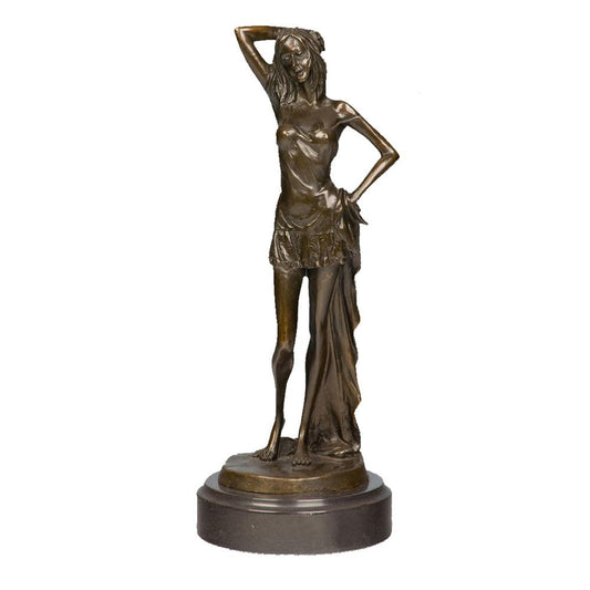 This is a bronze sculpture of a woman. She strikes a flexible and graceful pose: one hand gently tucks her long hair, while the other rests on her hip. Dressed in a short skirt, the textures of the hem and the draping fabric are delicately and realistically depicted, and her demeanor is lazy and elegant, fully showing soft charm. The overall craftsmanship is exquisite, vividly conveying the softness and agility of women, and it has high decorative ornamental value.