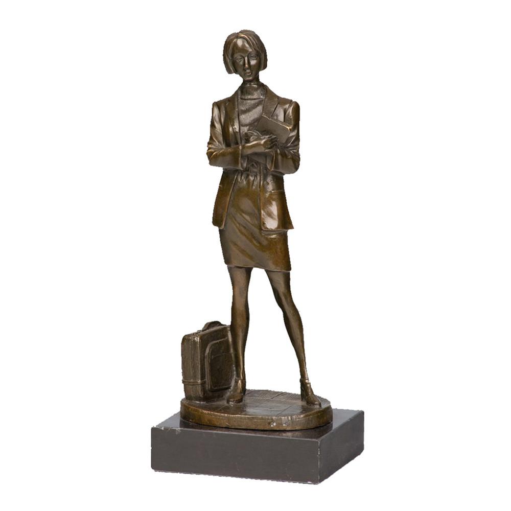 This is a bronze sculpture of a professional woman. She is dressed in a workplace outfit consisting of a blazer and a short skirt, holding documents and paired with a suitcase decoration beside her feet. Her posture is upright and capable, with a calm and professional demeanor, and the fold textures of the clothing are delicately and realistically depicted. The overall craftsmanship is exquisite, vividly showing the capable temperament of professional women, and it has high decorative ornamental value.