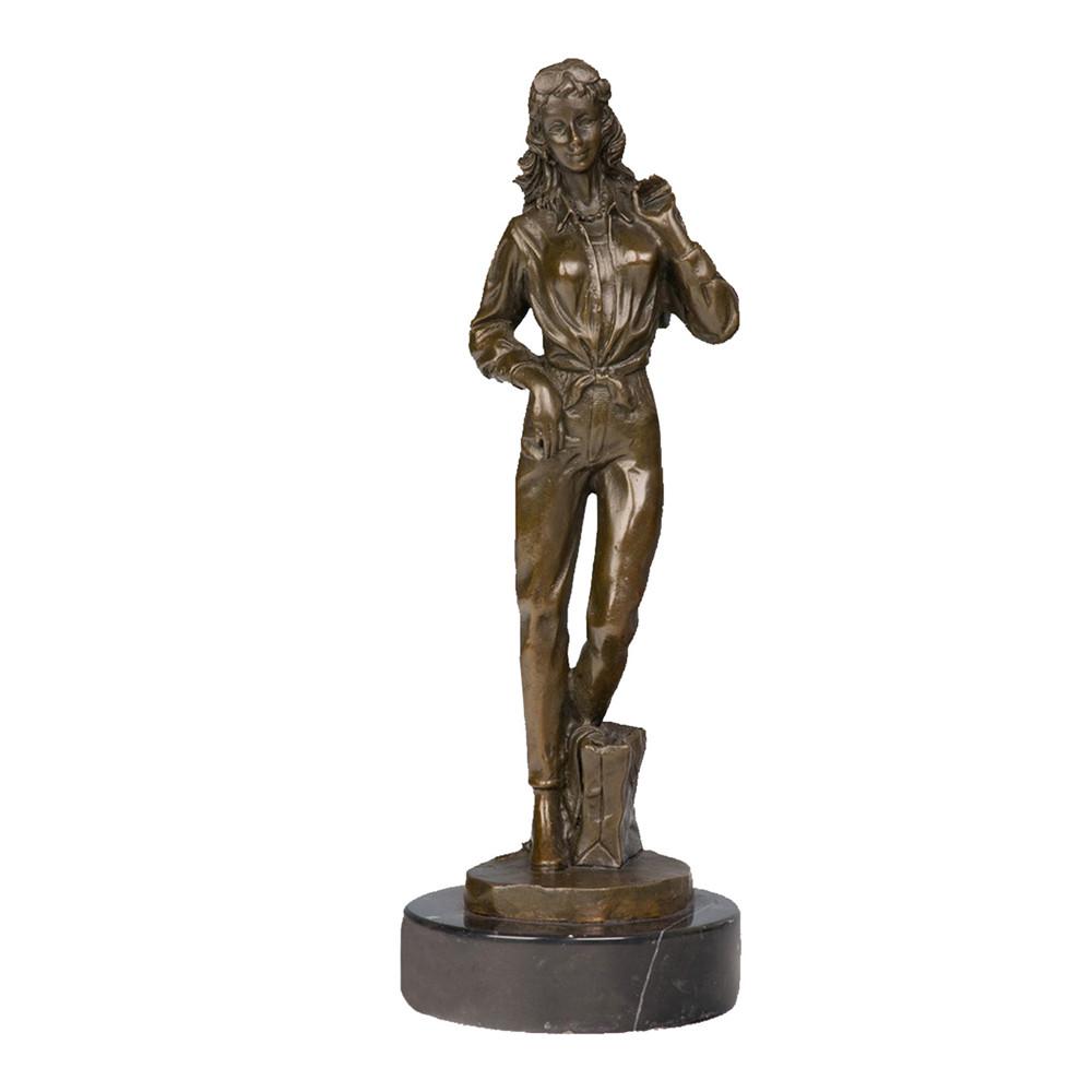 This is a bronze sculpture of a woman in modern attire. She is dressed in a shirt and trousers, with a relaxed and stretched posture: one hand on her hip and the other slightly raised, exuding a calm and natural demeanor. The fold textures of the clothing are delicately and realistically depicted, and there is a small item decoration beside her feet. The overall style is close to daily life, with exquisite craftsmanship, showing a relaxed and casual modern temperament.