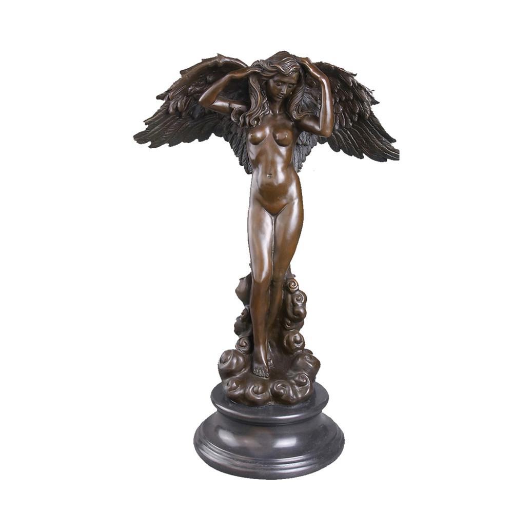 This is a bronze sculpture of a winged woman, integrating classical mythological art style (similar to an angel or winged deity): the woman stands nude with spread wings that have delicately depicted textures; she gently tucks her long hair with both hands, showcasing a soft and smooth posture, and the base is decorated with cloud patterns, adding an ethereal and elegant atmosphere. This work is often used as an art ornament in European-style spaces, combining aesthetic texture and decorative value.