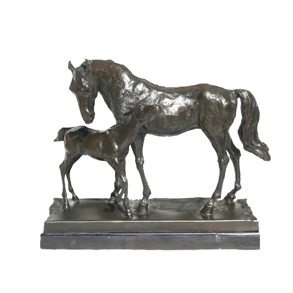 This is a bronze sculpture of horses, depicting a warm interaction between an adult horse and a foal. The adult horse is robust, and the foal snuggles closely beside it. Their postures are natural and lively; the delicate texture of the bronze surface vividly portrays the horses and the intimate atmosphere between the mother and child. The sculpture is mounted on a dark-colored base with a regular shape, which not only provides stable support but also adds an elegant and solemn touch.