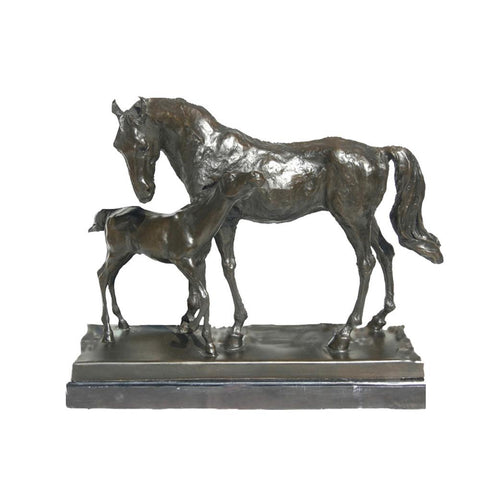 This is a bronze sculpture of horses, depicting a warm interaction between an adult horse and a foal. The adult horse is robust, and the foal snuggles closely beside it. Their postures are natural and lively; the delicate texture of the bronze surface vividly portrays the horses and the intimate atmosphere between the mother and child. The sculpture is mounted on a dark-colored base with a regular shape, which not only provides stable support but also adds an elegant and solemn touch.