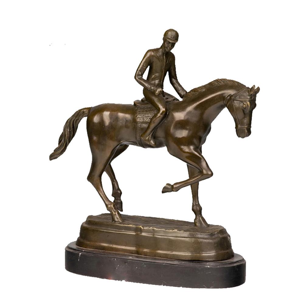 This is a bronze jockey and horse sculpture for sale: The jockey sits upright controlling the horse, which strikes a lively pose with a raised hoof, and the saddle details are delicate and realistic. The bronze has a dark brown texture, paired with a black stone base, exuding an elegant equestrian style.