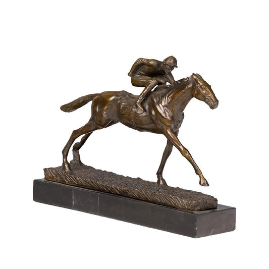 This bronze horse racing sculpture shows a jockey leaning over a galloping horse (with dynamic posture and realistic muscle lines), set on a black stone base. It’s a sports-themed decor piece symbolizing speed and power.