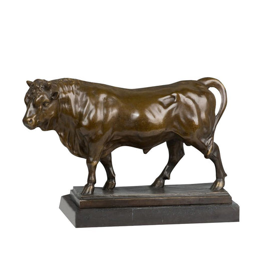 This is a bull bronze sculpture. The bull is in a standing posture, with a robust body, full and delicate muscle lines, and a calm and powerful demeanor. The sculpture is mounted on a dark-colored base with a regular shape, which contrasts with the texture of the bronze bull, providing stable support while adding a solemn and elegant atmosphere. Overall, the sculpture is exquisitely detailed, vividly presenting the bull’s strong power and calm temperament, and it has high artistic appreciation.