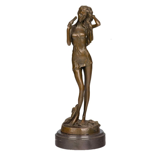 This is a bronze sculpture of a woman, with a soft and agile shape: the woman is dressed in light fabric, and the fold textures of the clothing are delicately and realistically depicted; one hand gently tucks her long hair, while the other holds a small object, exuding a gentle and lazy demeanor that fully shows soft charm. This work is often used as a European-style home or office decorative ornament, combining decorativeness and artistic sense.