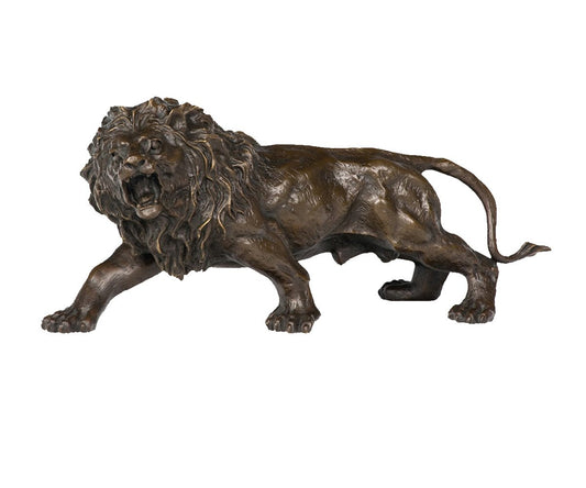 This is a lion bronze sculpture. The lion is in a walking posture, with thick and delicately textured mane, full and knotted muscle lines. Its mouth is wide open, looking fierce and majestic, as if showcasing the domineering aura of a king. The sculpture is exquisitely detailed, vividly presenting the lion’s strong power and majestic momentum, and it has a strong visual impact and artistic expressiveness.