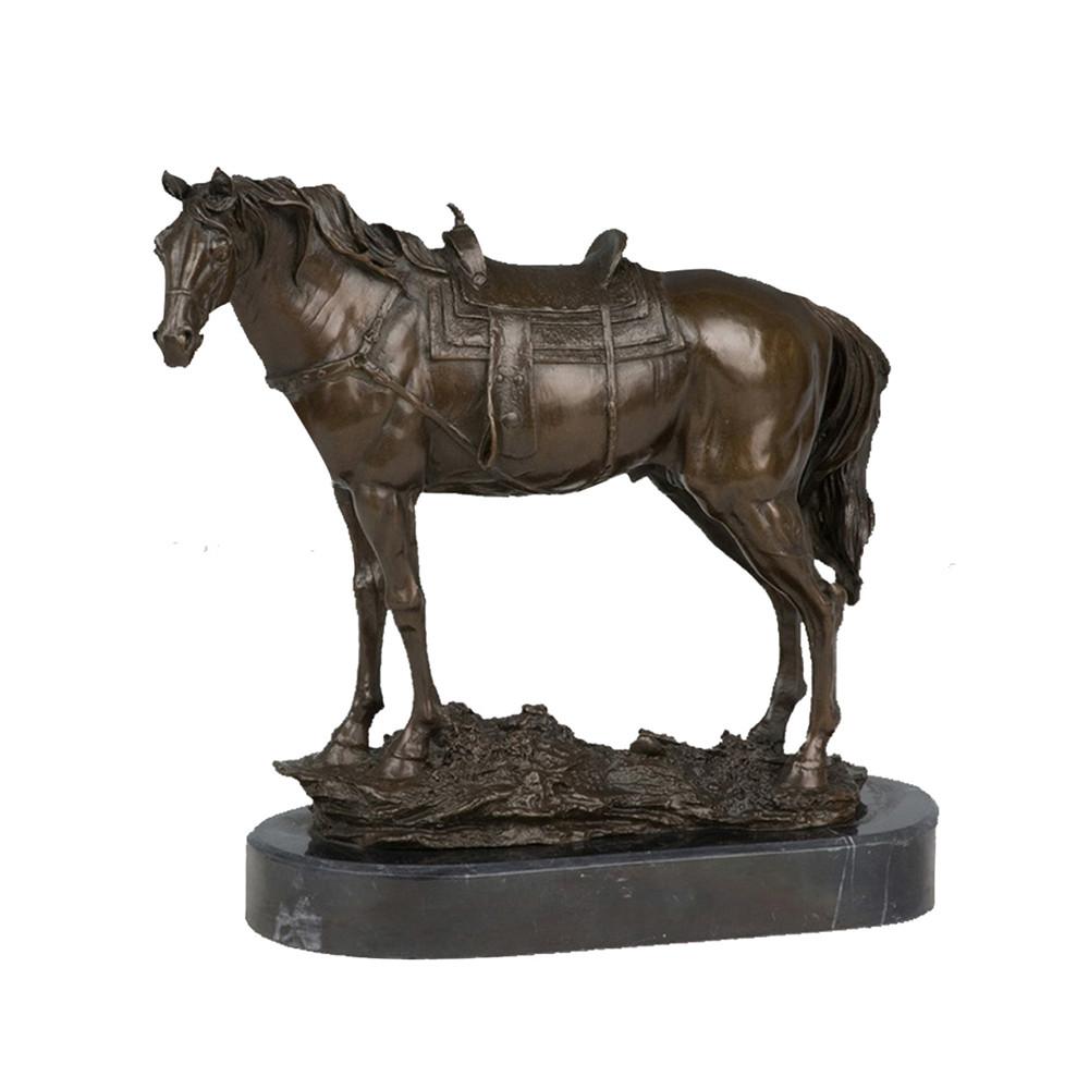 This is a bronze sculpture of a horse. The horse is in a standing posture, with a robust body and smooth, textured muscle lines. It is equipped with exquisite saddlery, with delicate details, and the textures of the mane and tail are realistic and natural. The sculpture is mounted on a dark marble base with a regular shape, which contrasts with the texture of the bronze horse, providing stable support while adding an elegant touch.