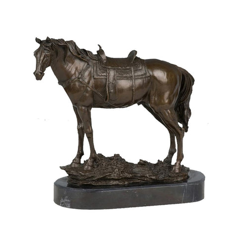 This is a bronze sculpture of a horse. The horse is in a standing posture, with a robust body and smooth, textured muscle lines. It is equipped with exquisite saddlery, with delicate details, and the textures of the mane and tail are realistic and natural. The sculpture is mounted on a dark marble base with a regular shape, which contrasts with the texture of the bronze horse, providing stable support while adding an elegant touch.